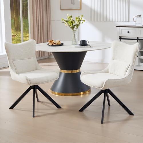 DAYALANE 360°Drehbar Esszimmerstühle 2er Set, Drehstuhl aus Chenille Küchenstuhl Polsterstuhl mit Metallbeine für Esszimmer Wohnzimmer Küche Büro, Beige
