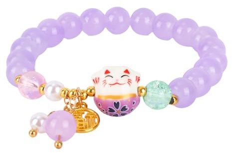 Mikovivi Bracelet Porte-Bonheur Maneki Neko pour Femme, Orné d'Un Cristal Violet et d'Un Pendentif Chat Bijou Feng Shui Chance Symbole de Richesse et de Protection