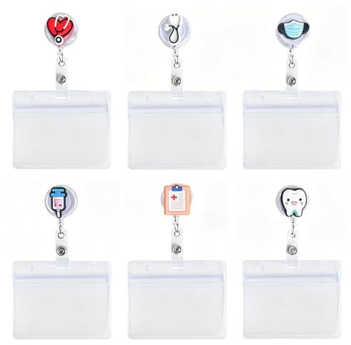 12 Pcs Ausweishalter Krankenschwester Set für Pflegepersonal und Ärzte | 6 Ausweishalter Ausziehbar, 6 Wasserdichte Ausweishülle Querformat, Lustigen Motiven, Einziehbarer Kartenhalter 65 cm
