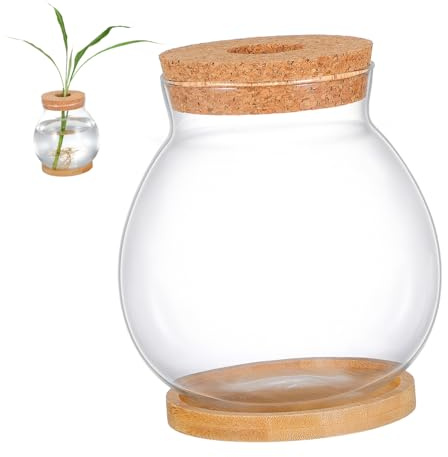 DIYEAH Bocal à Poisson en Verre Transparent avec Couvercle en Bambou, Aquarium Décoratif Unique pour Poissons Betta et Plantes Hydroponiques, pour Bureau ou Table