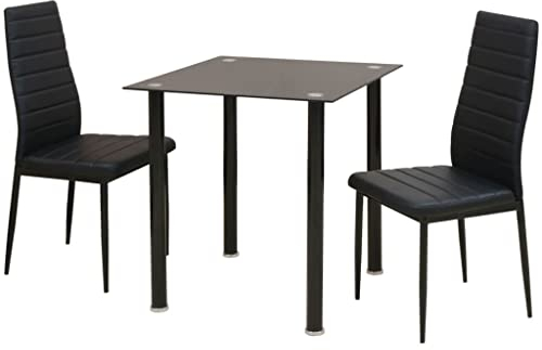 vidaXL Conjunto de Mesa y 2 Sillas Acero y Cristal Negro Juego Muebles Comedor