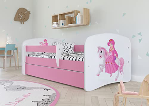 Bjird Kinderbett Jugendbett 70x140 80x160 80x180 Rosa mit Rausfallschutz Schublade und Lattenrost Kinderbetten für Mädchen - Prinzessin auf dem Pony 160 cm