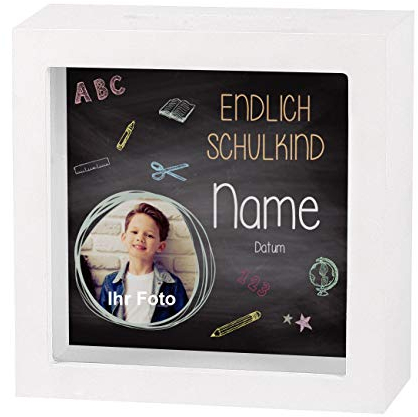 Striefchen® Geldgeschenk zur Schuleinführung EIN Bilderrahmen mit Geldschlitz als Spardose - Endlich Schulkind - mit Namen des Schulanfängers mit Foto