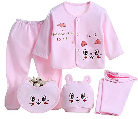 Gajaous Baby Boy Girl's 5PCS Newborn Cotton Grow Top Hat Pants PlaySuit Sets Outfit, Pink #4, 0-3 Months