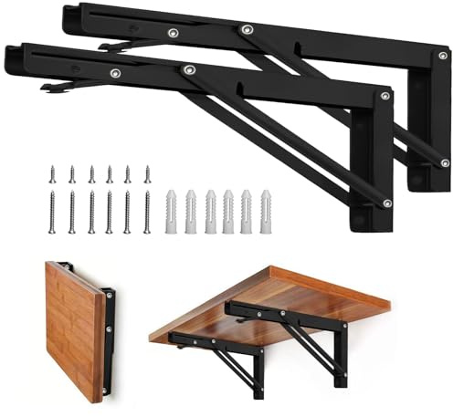 Storystore Klappbare Regalhalterungen – 45,7 cm, robuste Metall-Klappregalhalterung für Banktisch, Regalscharnier, Wandmontage, platzsparende DIY-Halterung, maximale Tragkraft: 68 kg, 2 Stück, Schwarz