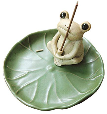 Sizikato Adorable porte-encens en forme de grenouille avec plateau en feuille de lotus.
