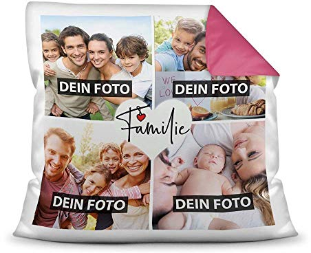 PR Print Royal Kissen mit Füllung - Fotocollage selbst gestalten mit Spruch - Familie - mit Vier eigenen Fotos - Geschenkidee Fotokissen - Farbkissen Rückseite Pink