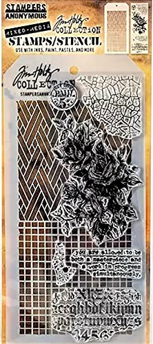 Stamper's Anonymous Tim Holtz Stempel- und Schablonen-Set THMM119 mit Korbgeflecht, Vintage-Design, Rosen