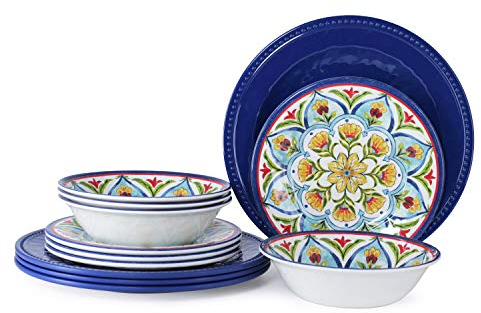 Service de table 12 pièces en mélamine pour 4 plats incassables pour l'intérieur et l'extérieur, passe au lave-vaisselle, style rétro