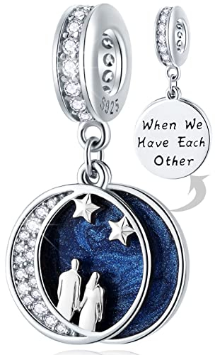 Paar Liebespaar unter Nachthimmel Halb Mond Sterne Charms, passend Pandora Valentinstag Armband, 925 Sterling Silber Blau Emaille Moon Anhänger Couple Perlen, GIfts für Ehepaar/Ehefrau/Freundin