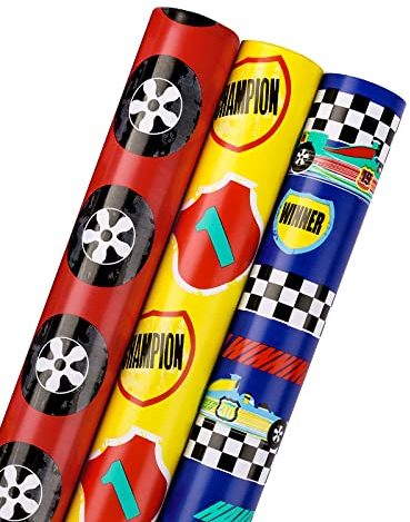 RUSPEPA Geburtstagspapierrolle – Mini-Rolle – Cooles Rennwagen-Set, Perfekt Für Partys, Feiern, Geschenkverpackung Für Jungen – 3 Rollen – 43,2 cm X 305 cm Pro Rolle