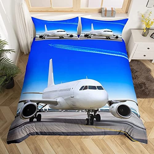 Loussiesd Flugzeug Bettbezug Kinder Jungen Flugzeug Druck Bettwäsche Flugzeug Fliegende Bettwäsche Set 135x200cm Hubschrauber Flugzeug Fliegende Flugzeug Teen Schlafzimmer Dekor Bettwäsche 2Stück