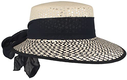 Damen Strohhut Strand-Hut Schute mit asymetrischer Krempe & Schleife - Sonnenhut aus 100% Papier Blau-Weiß M