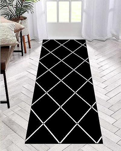 Läufer Teppich Lang Flur rutschfest Waschbar 50X150CM Küche Korridor TeppichLäufer für Flur Schwarz Weiß Schlafzimmer Wohnzimmer Polyester Teppichmatte Dauerhaft, Anpassbar Küchenteppich Meterware