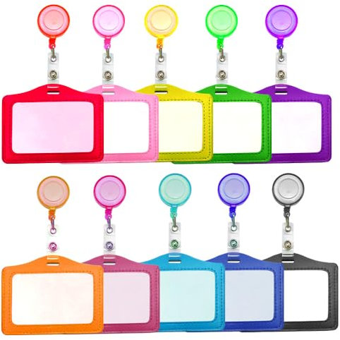 YANXIAO 10 Pezzi Porta Badge,Porta Badge Pelle, multicolore Porta Badge Con Bobina Retrattile, Porta Badge colorati Per Studenti, Insegnanti, Medici, Impiegati