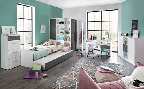 Jugendzimmer Joker in Alpinweiß und Anthrazit 8 teilig mit Eckkleiderschrank und Garderobe, Bett mit extra Ausziehliege, Hochkommode, Sideboard, Schreibtisch mit Rollcontainer …