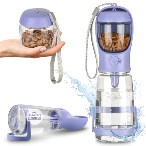 Fellnase Botella para perros para viajes – con soporte contra derrames y dispensador de comida, botella de agua de 550 ml para perros y gatos, cuenco de agua con válvula de retorno de agua, a prueba