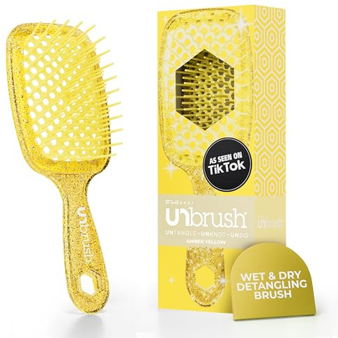 FHI Heat UNbrush Brosse Démêlante à Cheveux Secs ou Mouillés, Brosse à Cheveux Aérée, Brossage sans Douleur, Tous Types de Chevelure, Picots DuoFlex Antistatiques, Manche Léger, Jaune Ambre