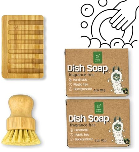 Green Llama Umweltfreundliches Spülseifen-Set mit 2 parfümfreien, festen Kokosöl-Riegeln, Sisal-Scheuerbürste und Bambushalter – nachhaltiges Küchenreinigungsset