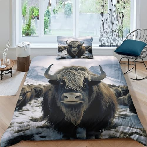 AAHARYA Yak Jungen Teenager Bettbezug Set Modern Bison Bettwäsche Dekorativ Betten Set Polyester Für Kinder Männer Bettbezüge Single（135x200cm）