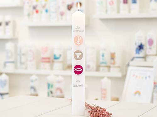 meinkerzenshop Kommunionkerze Eva personalisiert mit Name und Datum, individuell und mit Echtwachs handverziert für Junge und Mädchen