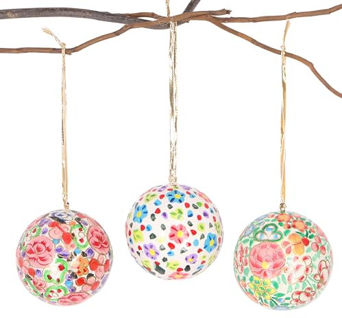 GURU SHOP Upcycling Weihnachtskugel 3er Geschenk Set aus Pappmachee, Handbemalter Christbaumschmuck, Kaschmirkugeln 7 cm - Muster 3