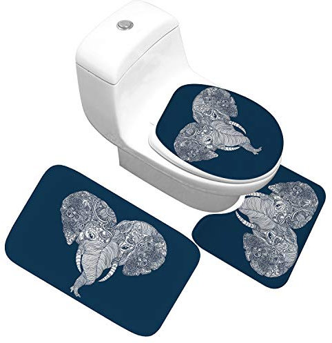 Bad Teppiche Set 3-Teiliges Dunkelblauer Elefant WC Vorleger Mit Ausschnitt Badematte Saugfähig WC Deckelbezug Badvorleger rutschfest Waschbar Toilettensitzbezug Badgarnitur (45x75cm)