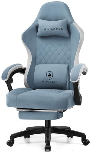 GTPLAYER Gaming Stuhl Ergonomischer Gaming Sessel Schreibtischstuhl mit Stoffoberfläche, Federsitzkissen, Verbindungsarmlehnen und Fußstütze Hellblau