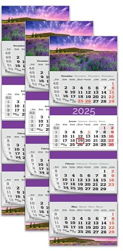 PRIMUS PRINT XXL Kalender 2025 - Mehrblock Wandkalender - 4-Monatskalender - Jahres Blockkalender - mit Datum Schieber - inklusive Feiertagen und Ferien - verschiedene Motive - [ 3x Lavendel ]