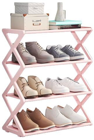 4 livelli Scarpiera Scanalature Organizzatore per scarpe, Scaffale salvaspazio per scarpe, Custodia per scarpe in metallo a forma X con montaggio senza attrezzi Scaffale impilabile per scarpe (Rosa)