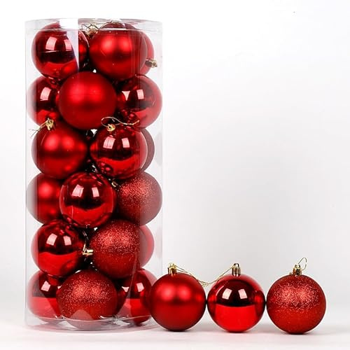 24Pcs Christmas Tree Balls Ornaments, 4cm Colored Shatterproof Plastic Decorative Baubles for Xmas Tree Decor Holiday Party Wedding Decoration (Red)