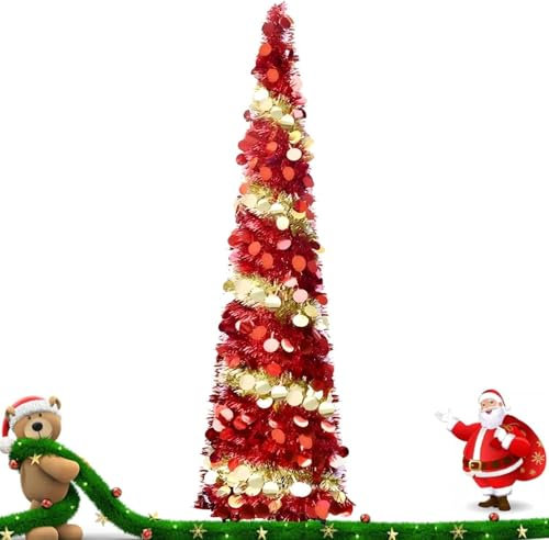 Albero di Natale pop-up da 150 cm, con luce LED da 5 m, decorazione natalizia, pieghevole, con paillette, albero di Natale con supporto (rosso)