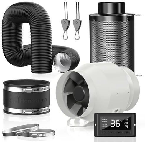 Hon&Guan HI-PE 100mm Lüftungsset 360m³/h Energieeinsparung EC Motor Rohrventilator mit Intelligente Kontroller, Aktivkohlenfilter Abluftchlauch Gummimuffe Belüftungssystem für Growzelt