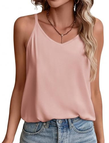 Zeagoo Tank Top Damen V Ausschnitt Spaghetti Top Sommer Ärmellos Tanktops Basic Cami Träger Shirt Rosa M