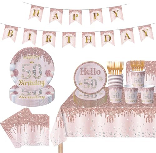 50th Birthday Party Decorations for Women Rose Gold 50th Birthday Plates Napkins Banner Party Supplies for Women Birthday Party Decorations Serve 24 (50th)
