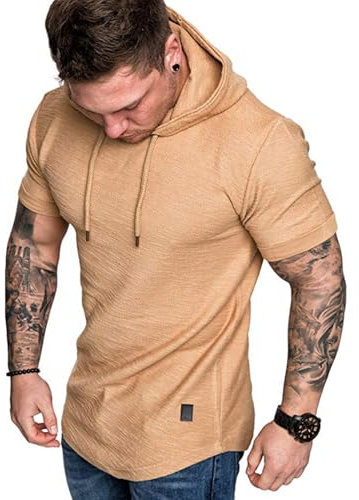 Remxi Mens Short Sleeve Shirts Athletic Hoodies T Shirt Solid Color Sport Sweatshirts For Men Khaki L
