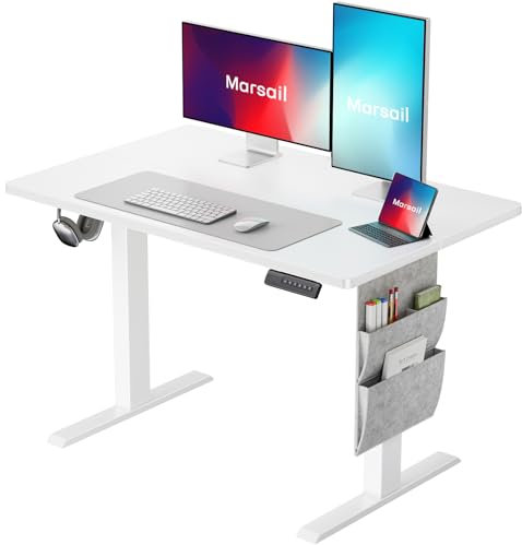 Marsail Elektrisch höhenverstellbarer Stehpult mit Aufbewahrungstasche, 4 Speicherhöheneinstellungen, Sitz-/Stehpult für Heimbüro, Computer-Gaming-Arbeitsplatz, Kabel-Manager und Kopfhörerhaken, 40 x