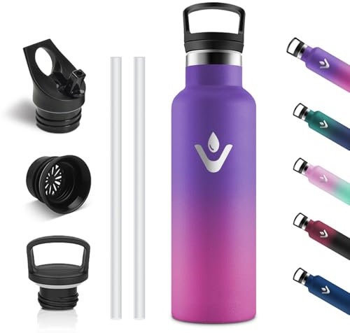Vikastar Botella Termica, 0.5 Litro Sin BPA, Botella Agua Acero Inoxidable, Reutilizable, Cantimplora, Mantener 12H Caliente/24 Frío, Botella de Agua para Niños, Deportes, Fitness, Morado & Rosa