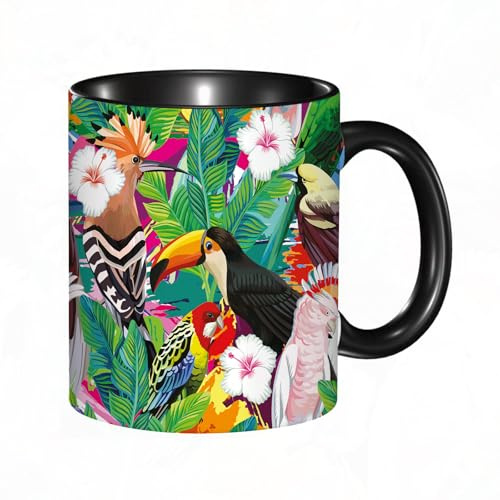 HRRASFAZF Tasse Kaffeetassen,Große 330ml Mit Henkel 100% Handbemalt kaffeebecher porzellan,Nahtlose Komposition aus tropischen Vögeln, Tukanen, Papageien, Wiedehopfen und,Frauen,Jahrestag,Muttertag
