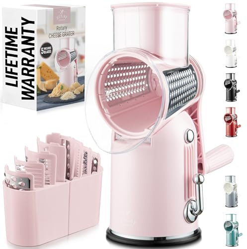 Zulay Kitchen Ostrivjärn manuell med 5 trummor – rivjärn rostfritt stål handvev grönsaksrivare & parmesanrivare, ostrivare med stark sugkraft, rund rivjärn, rivjärn med vev, rosa