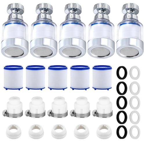 15 Stück Wasserfilter Wasserhahn Set, Wasserfilter für Zuhause, 5Stück 360° Wasserhahn Filter +5Stück Pbaumwollfilterelement + 5Stück Universelle Schnittstelle, Wasserhahn Filter für Küche, Bad