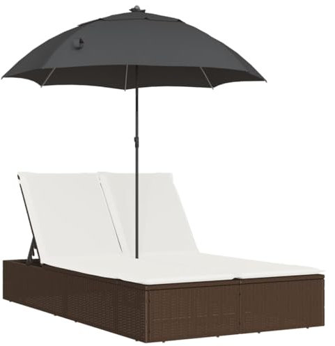 Wenjingqi 368082 Chaise longue double avec coussins et parasol en rotin synthétique marron, marron