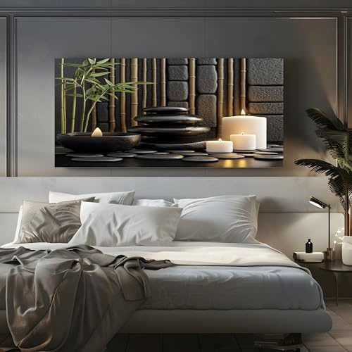 ZORYAN Tableau Decoration Murale Salon Pierres Zen En Bambou 80x160cm | Tableau Decoration Mural Image Sur Toile Photo Images Motif Moderne Décoration Chambre Brun Sans Cadre