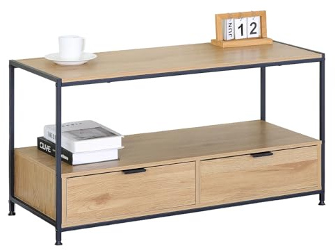 Celino Industrial Coffee Table TV Unit Cabinet Storage 2 Drawers Metal Frame Oak Effect Media Stand 100×40×54 cm