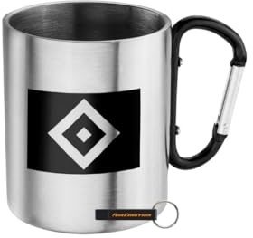 Hamburger SV HSV Tasse „Karabiner“ – Offizieller Fanartikel – Silberne Tasse mit Raute & „Nur der HSV“-Schriftzug – 100% Metall – 0,3l – mit Karabiner-Griff – spülmaschinenfest