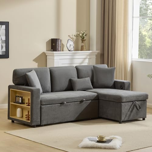 ModernLuxe Corner Sofa Bed for Living Room,Corner Couch L-Shaped Sofa Bed Extendable,Bed Box and Integrated Shelf,USB charging port,214 x 131 x 87 cm,Dark Grey