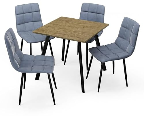 URBNLIVING 80cm Square Table with 4 Velvet Chairs | Stylish Dining Set for Apartment & Small Spaces - Oak Table Madison Blue Chair