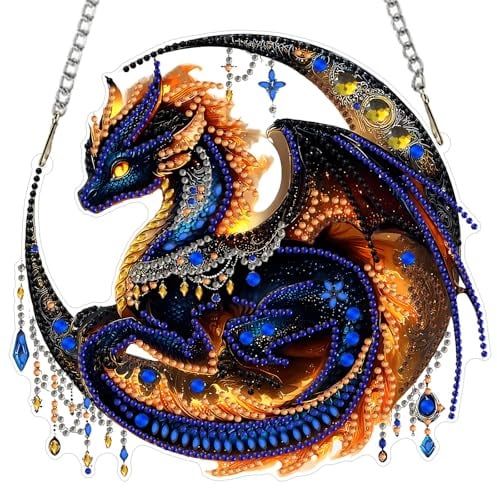 MXJSUA Schwarzer Drache Diamond Painting Anhänger mit Kette Erwachsene, Diamant Painting Fensterbilder Hängende Ornament Bastelset Set für Wand Und Eingang Decor