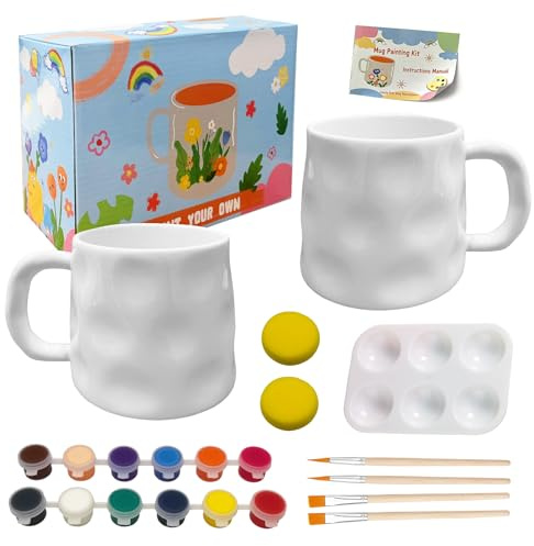 Set di pittura in ceramica, set da 2 tazze, set da pittura fai da te, in ceramica, regalo creativo per bambini e adulti, set da colorare con tazze, pennelli, colori, vaschetta colorata e istruzioni