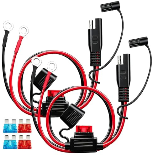 2 Stück SAE Stecker mit Kabel, SAE Anschlusskabel mit 10A 15A Sicherung | 12V Batterieladekabel mit 6.3mm Ringkabelschuh und Staubkappe, 16AWG Ringkabelschuh, für Motorrad Auto Batterieladung, 60cm